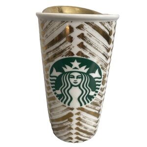 Starbucks Gold Metallic Chevron Travel Mug Iconic Siren Tumbler 2015 12oz Heavy
